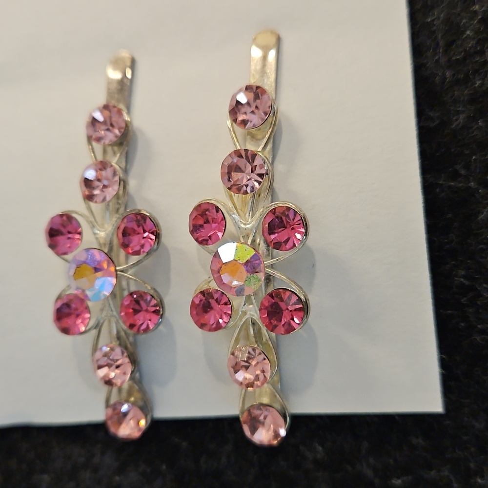 Set of 4 Pink and Aurora Borealis Rhinestone hair pins Special Occasion Bun - Picture 4 of 6